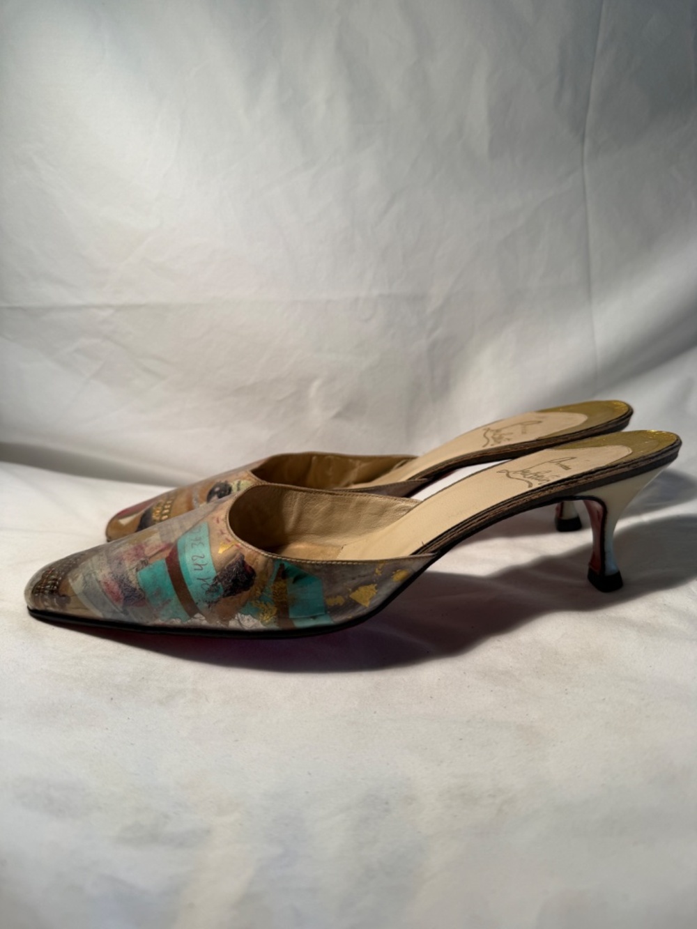 Vintage 1999 Christian Louboutin Arte Povera Trash Collection Kitten Heel Mules - Picture 3 of 6